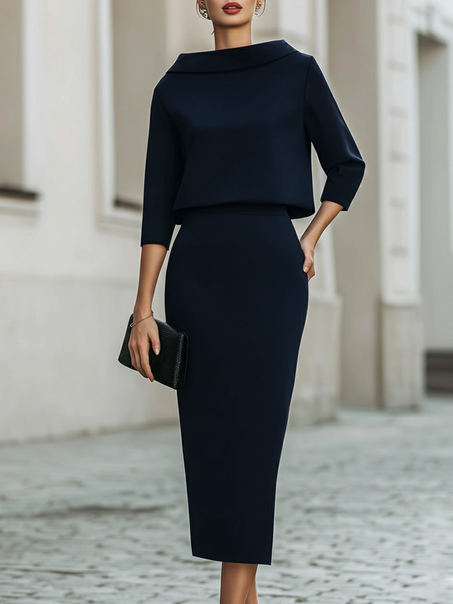BOAT NECK TOP AND STRAIGHT MIDI SKIRT SET 2