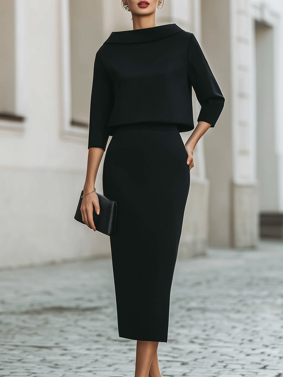 BOAT NECK TOP AND STRAIGHT MIDI SKIRT SET 7