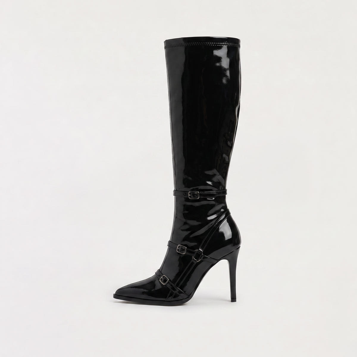 Black knee high boots featuring a sleek patent finish, inner zip closure, and stylish buckled straps, designed with elegant stiletto heels for women. 0