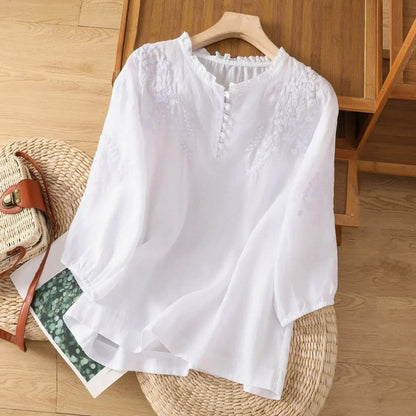 Blouse | Bohemian Floral Embroidered Ruffle Neck