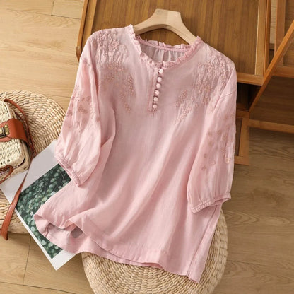 Blouse | Bohemian Floral Embroidered Ruffle Neck