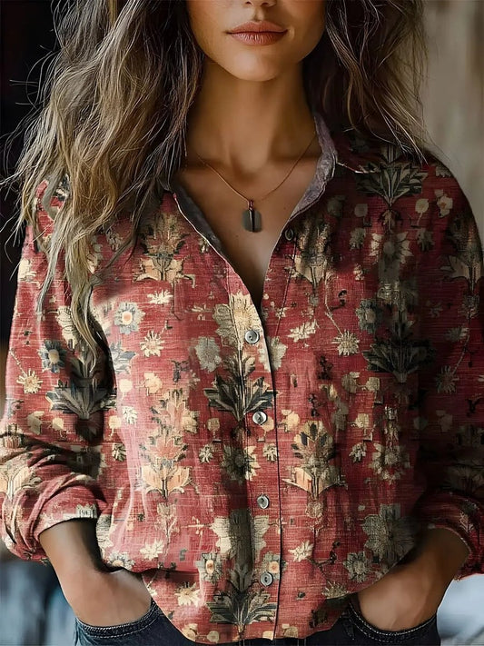 Blouse | Boho Floral Button-Front Long Sleeve