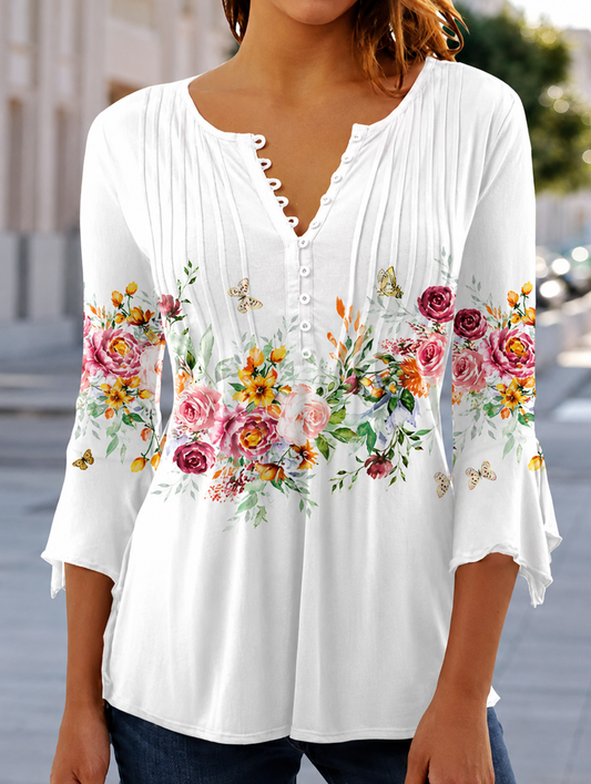 Blouse | Floral Long Sleeve Relaxed Henley