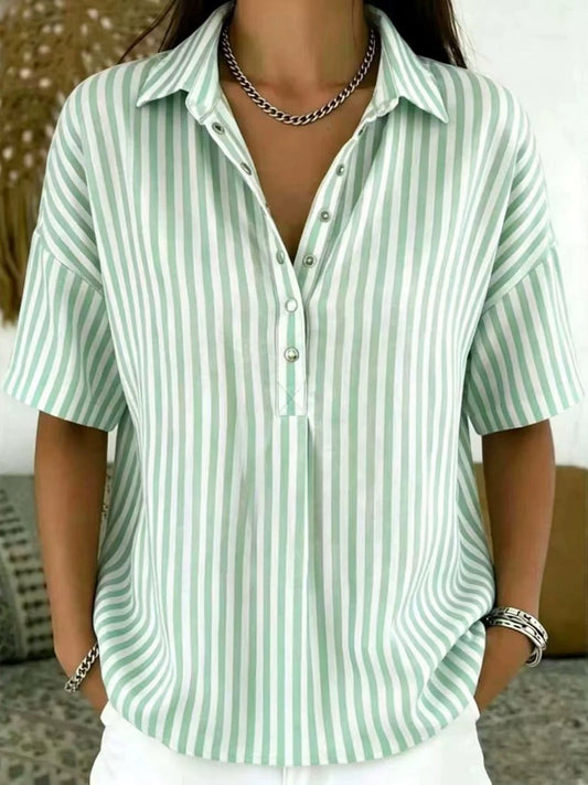 Blouse | Relaxed Fit Striped Collared Short Sleeve