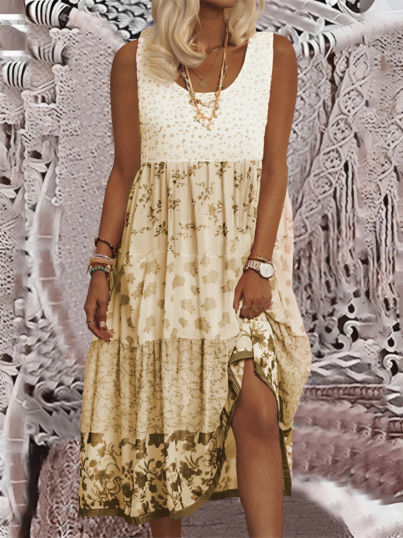Boho Midi Dress Women's | Floral Patchwork & Tiered Split Hem