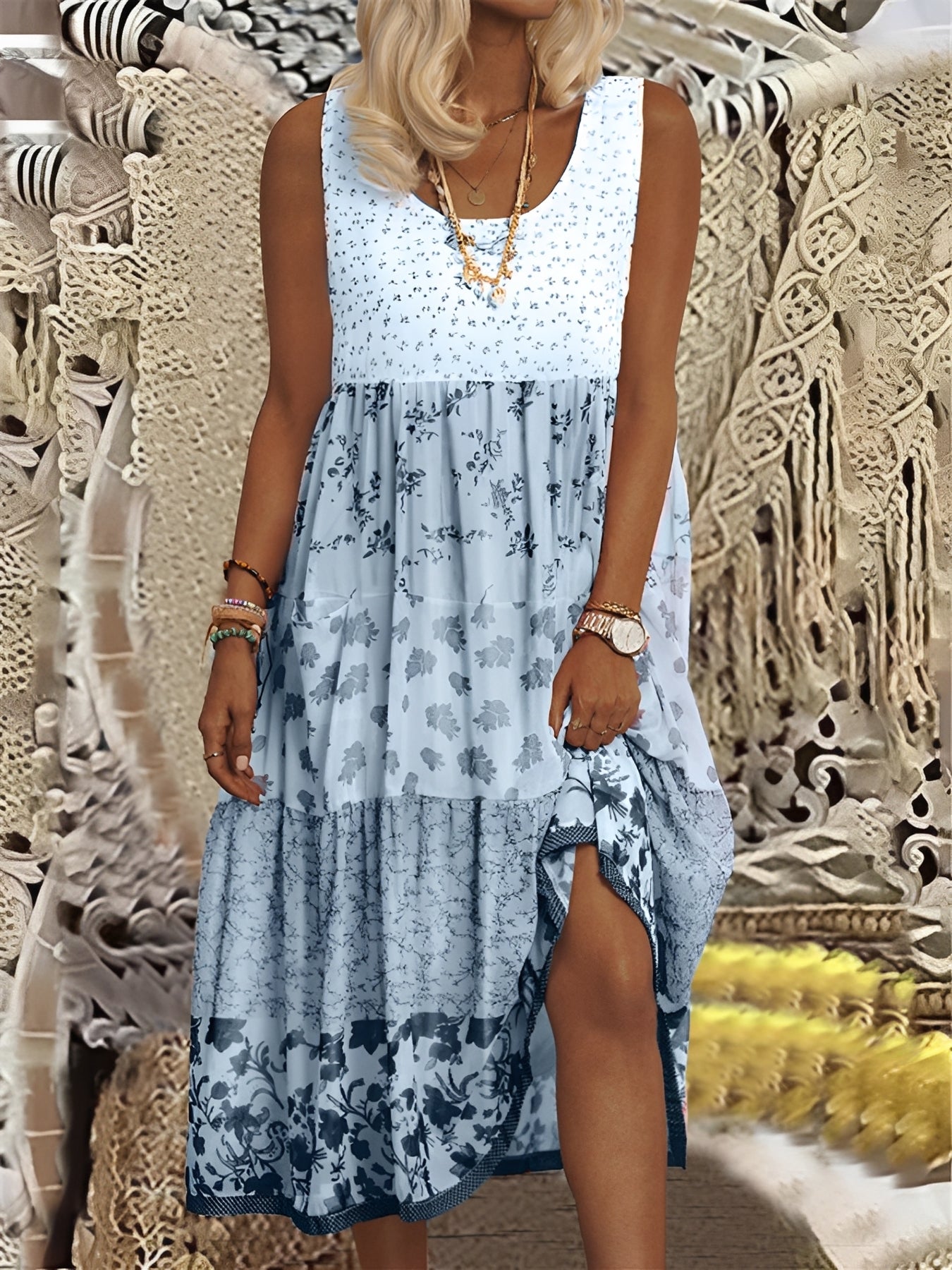 Boho Midi Dress Women's | Floral Patchwork & Tiered Split Hem