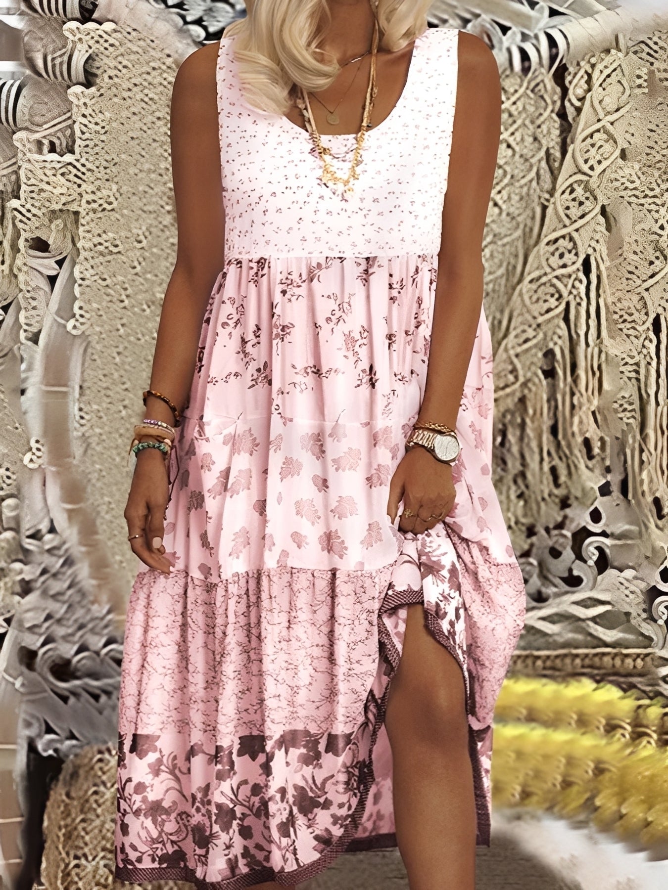 Boho Midi Dress Women's | Floral Patchwork & Tiered Split Hem