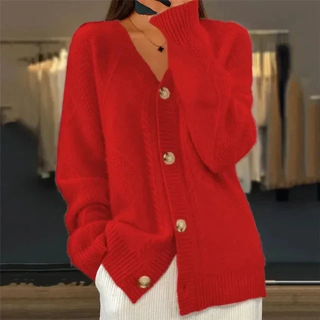 Women's Button-Front Cardigan | V-Neck & Diamond Knit Detail