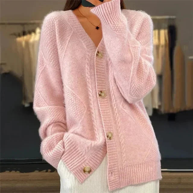 Women's Button-Front Cardigan | V-Neck & Diamond Knit Detail