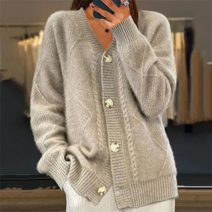 Women's Button-Front Cardigan | V-Neck & Diamond Knit Detail