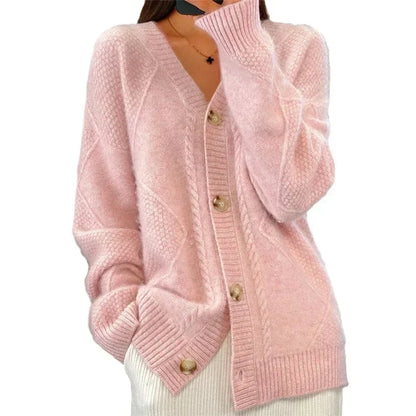 Women's Button-Front Cardigan | V-Neck & Diamond Knit Detail