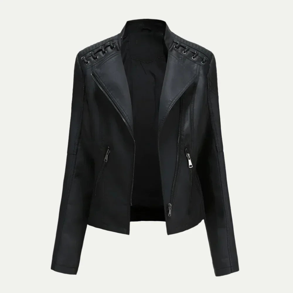 Chic Asymmetric Zip Women's Jacket with Quilted Shoulders