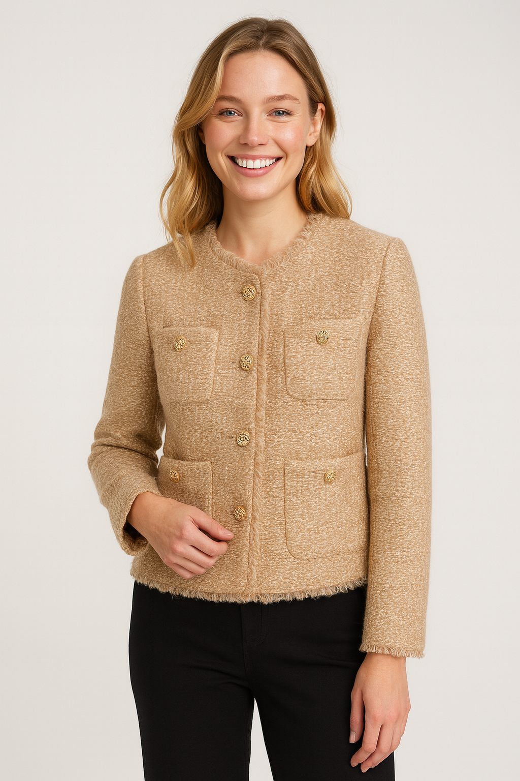Chic Collarless Women's Blazer with Gold Buttons