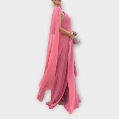 Chic Maxi Dress with Cape Sleeves & High Slit