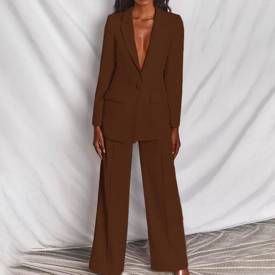 Chic Women’s Trouser Suit - Longline Blazer & Wide-Leg Pants