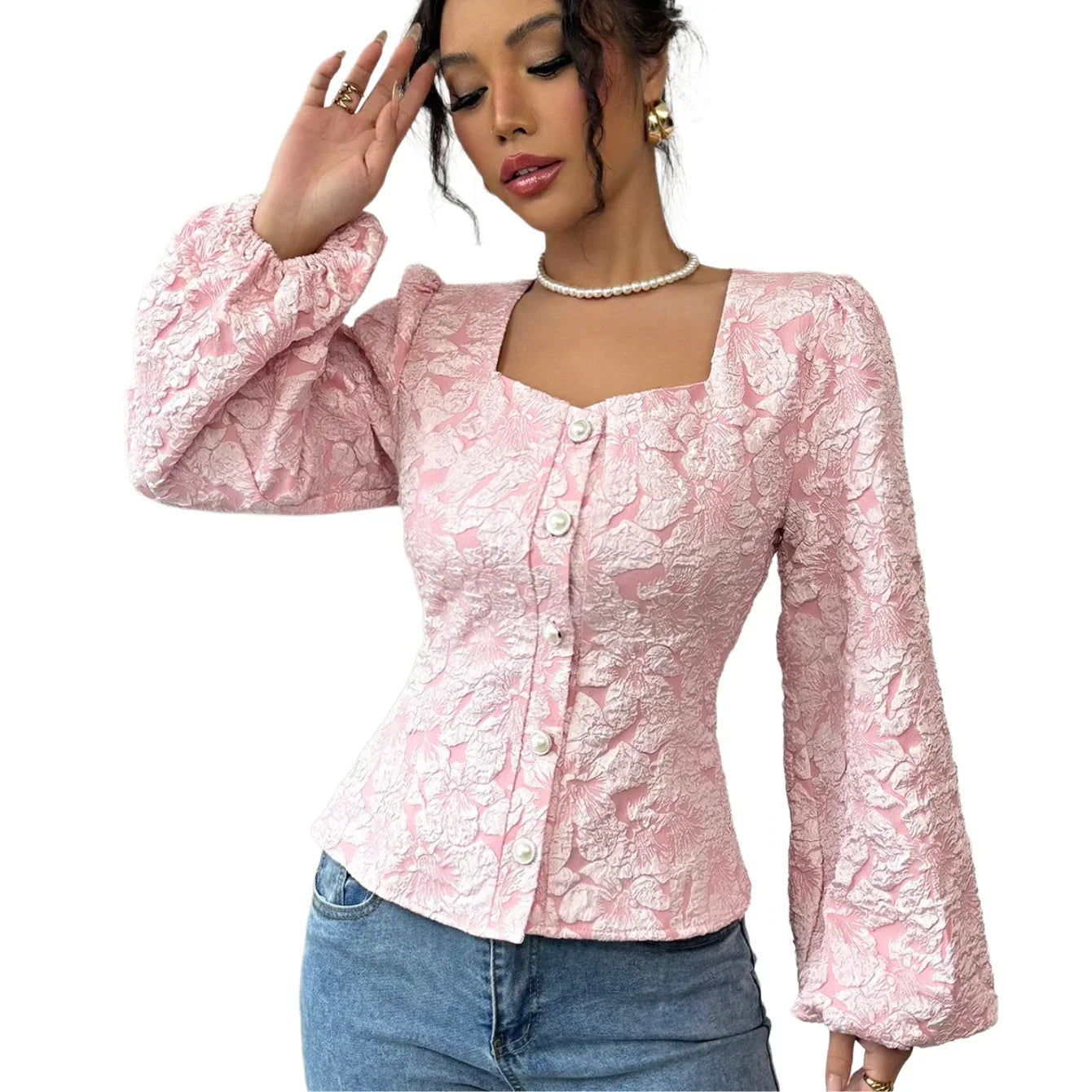 Cora - Pink Floral Jacquard Blouse Square Neck Puff Sleeves 0
