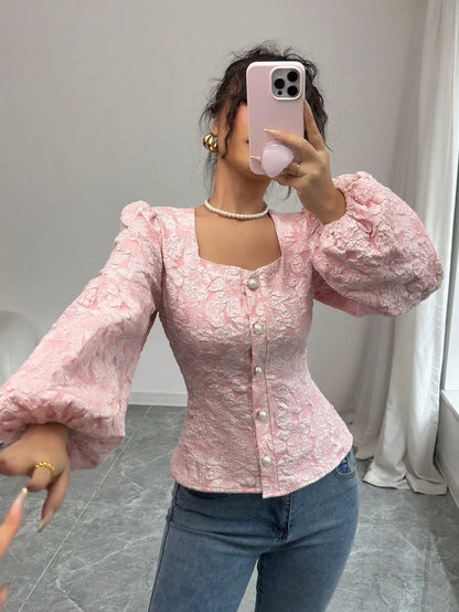 Cora - Pink Floral Jacquard Blouse Square Neck Puff Sleeves 1