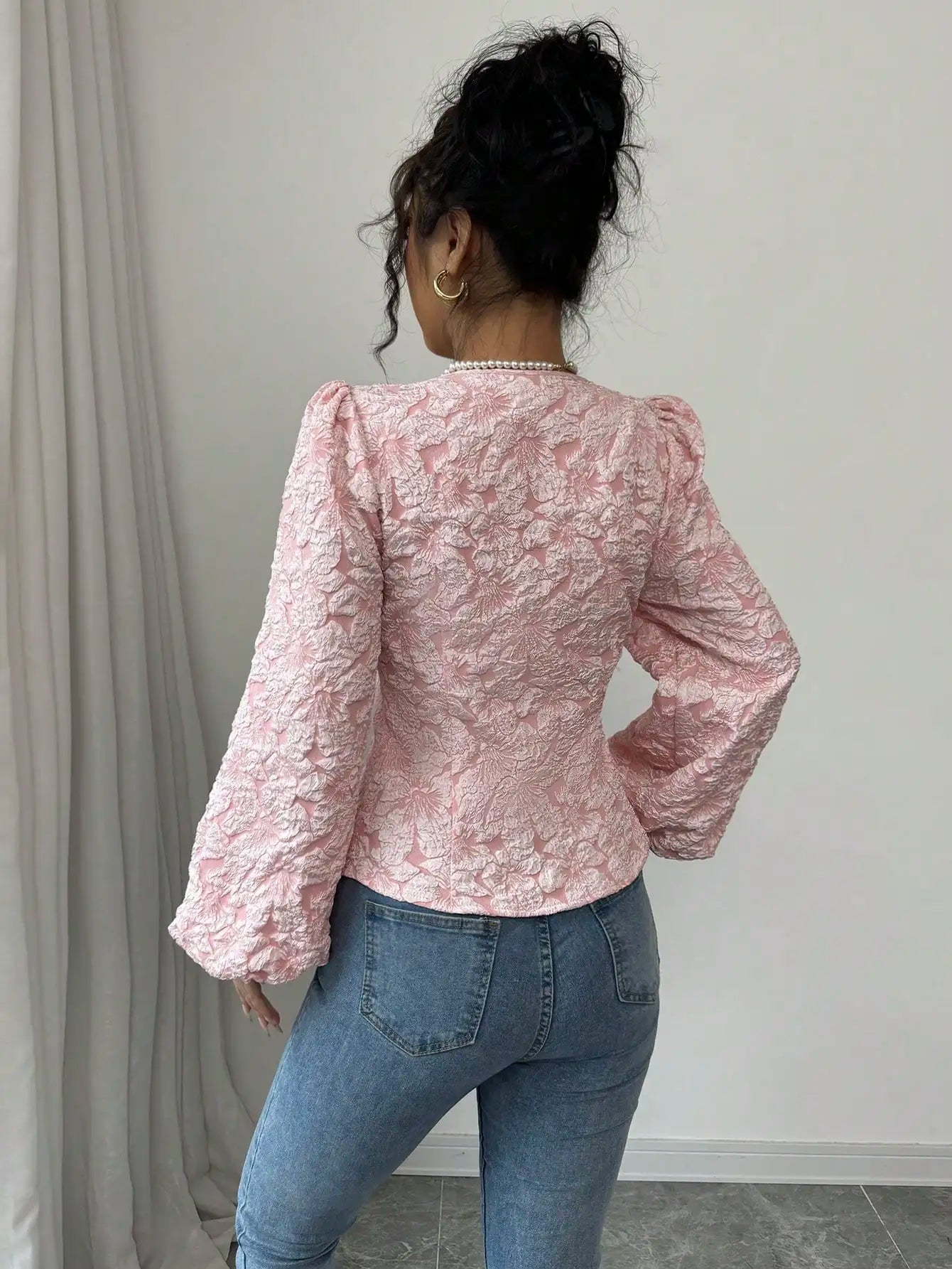 Cora - Pink Floral Jacquard Blouse Square Neck Puff Sleeves 2