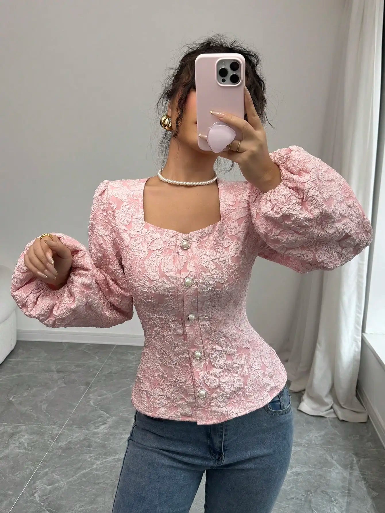 Cora - Pink Floral Jacquard Blouse Square Neck Puff Sleeves 3