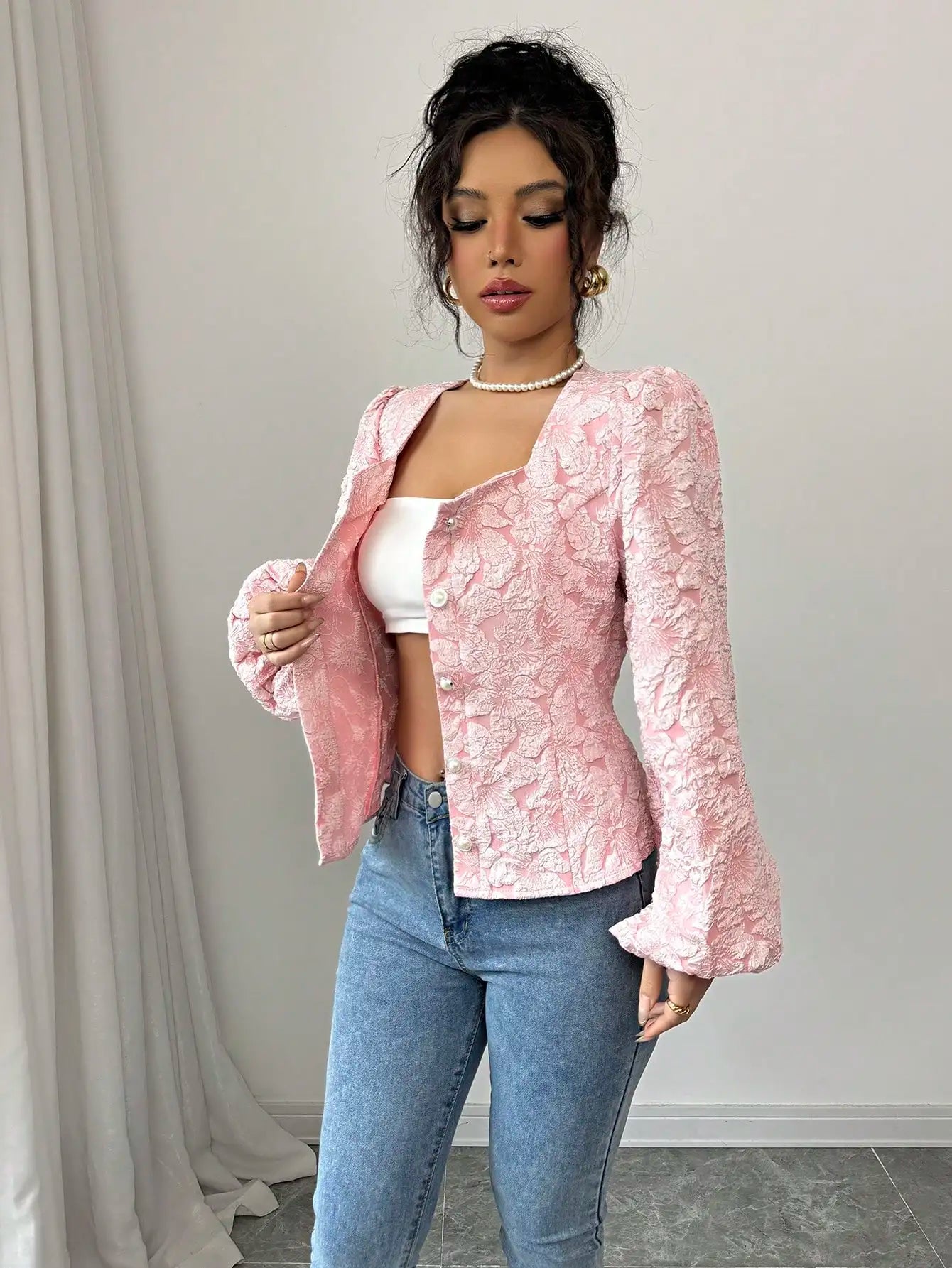 Cora - Pink Floral Jacquard Blouse Square Neck Puff Sleeves 4
