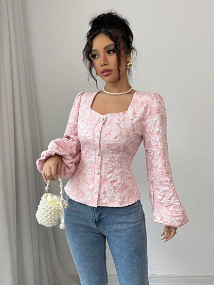 Cora - Pink Floral Jacquard Blouse Square Neck Puff Sleeves 6