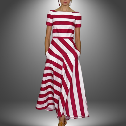 Women Stripe Maxi Dress | Boat Neck & Diagonal Stripe A-Line Skirt