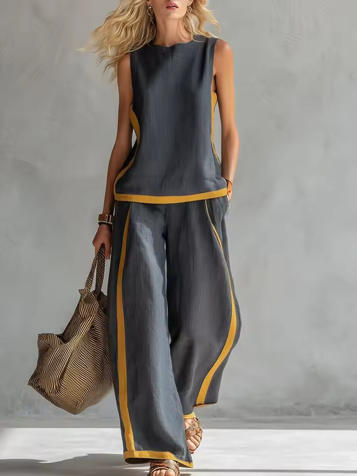 Women's Co-Ord Set | Contrast Trim Top & Wide Leg Trousers