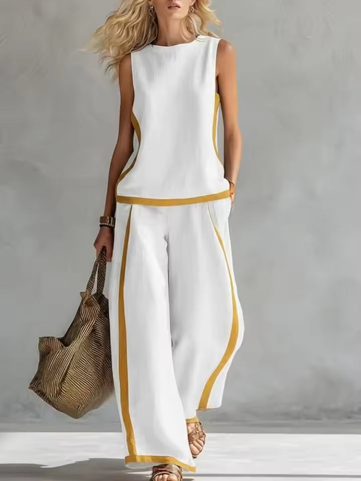 Women's Co-Ord Set | Contrast Trim Top & Wide Leg Trousers