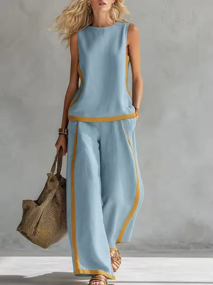 Women's Co-Ord Set | Contrast Trim Top & Wide Leg Trousers