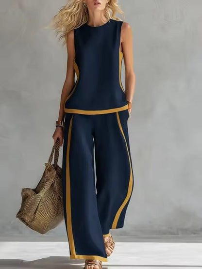Women's Co-Ord Set | Contrast Trim Top & Wide Leg Trousers