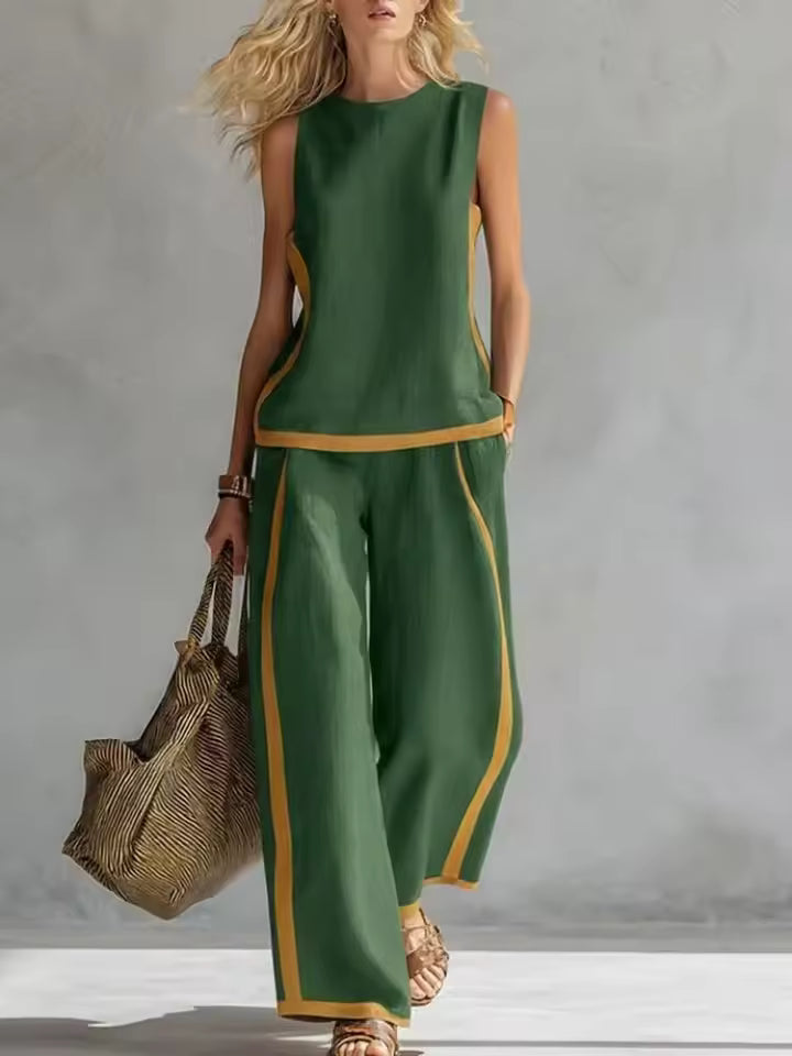 Women's Co-Ord Set | Contrast Trim Top & Wide Leg Trousers