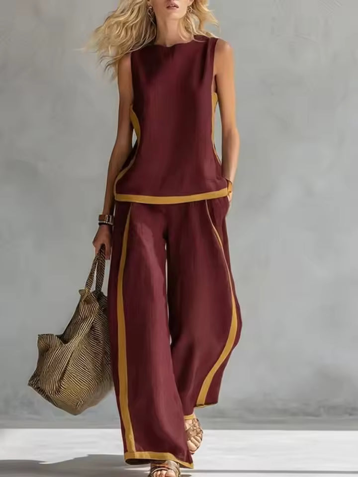 Women's Co-Ord Set | Contrast Trim Top & Wide Leg Trousers