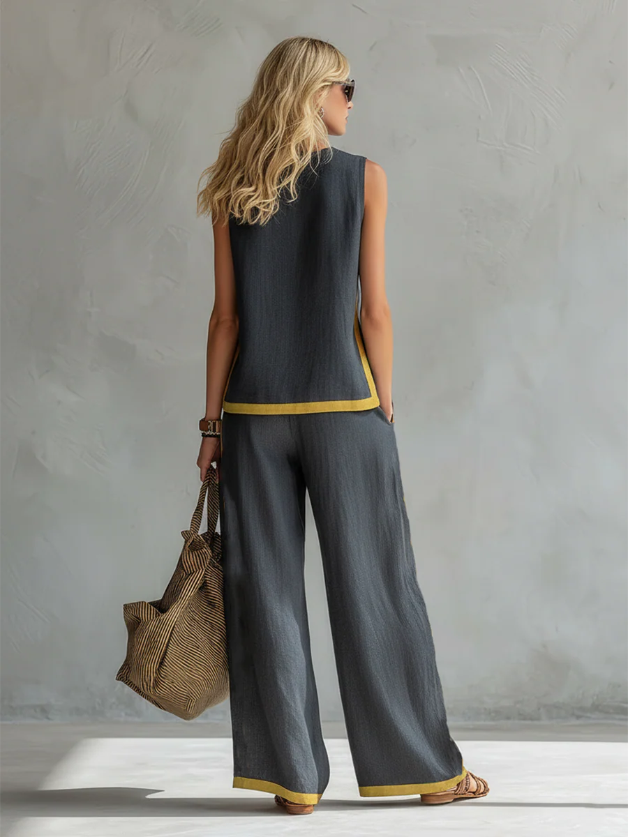 Women's Co-Ord Set | Contrast Trim Top & Wide Leg Trousers