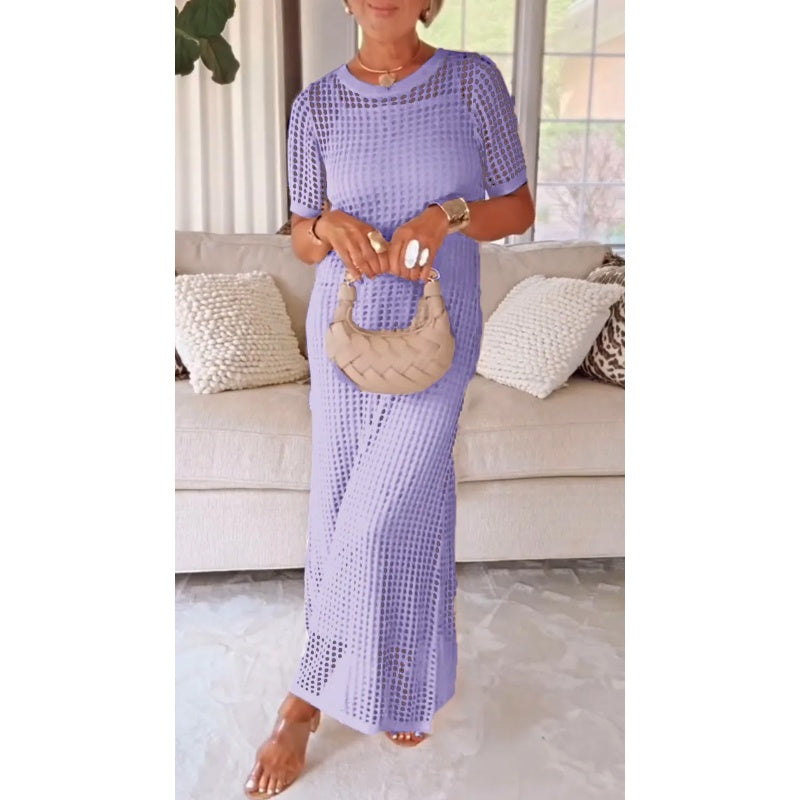 Women's Maxi Dress | Open-Work Grid, Short Sleeves