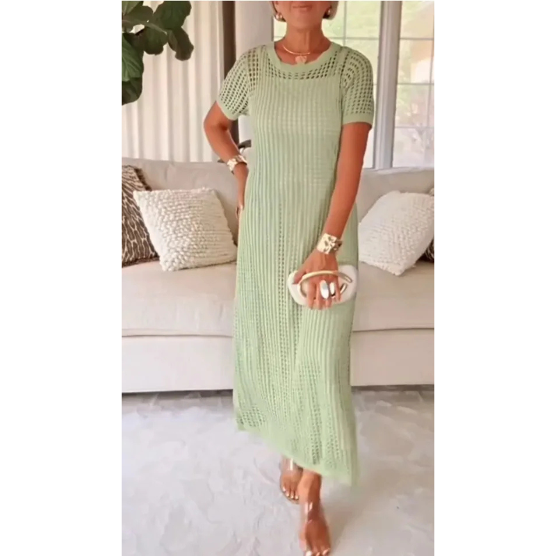 Women's Maxi Dress | Open-Work Grid, Short Sleeves