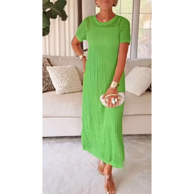Women's Maxi Dress | Open-Work Grid, Short Sleeves
