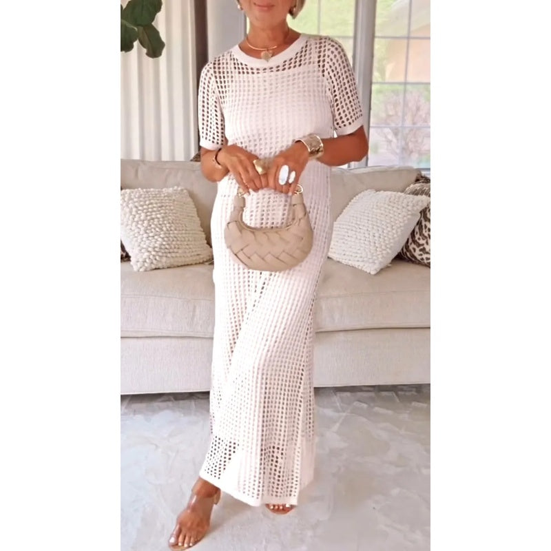 Women's Maxi Dress | Open-Work Grid, Short Sleeves