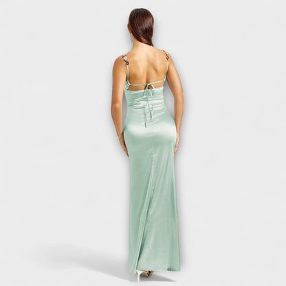 Embellished Satin Dress with Back Lacing for Parties