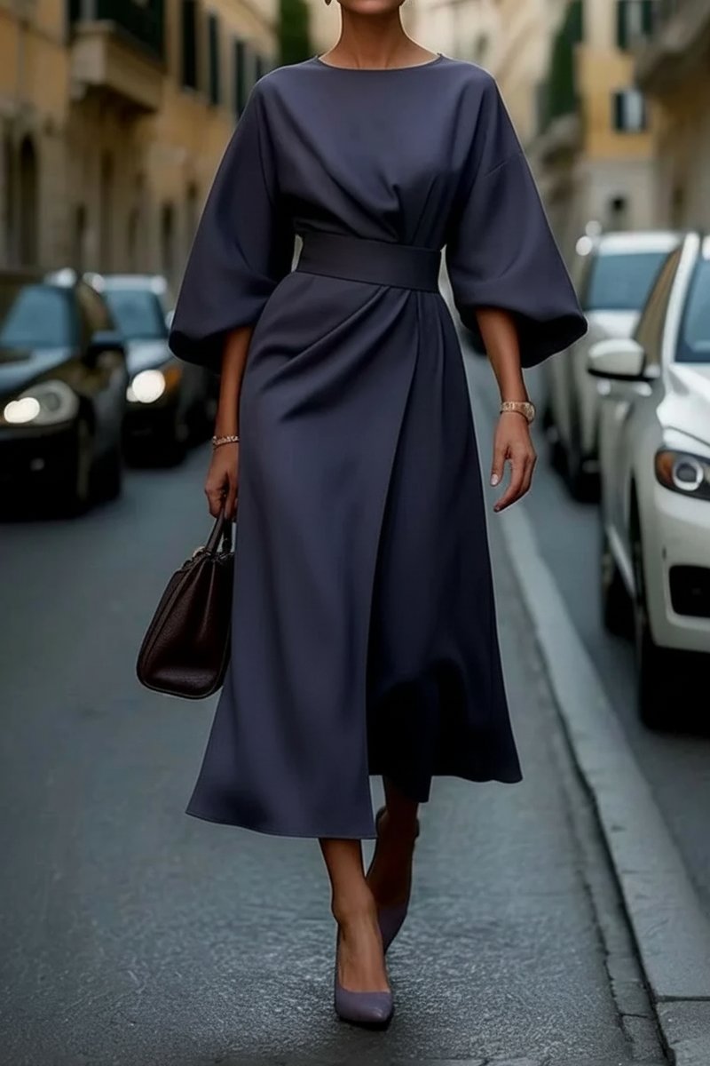 Evelyn | Women's Lantern-Sleeve Waist-Cinching Midi Cocktail Dress 0