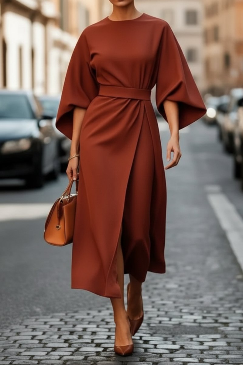 Evelyn | Women's Lantern-Sleeve Waist-Cinching Midi Cocktail Dress 1