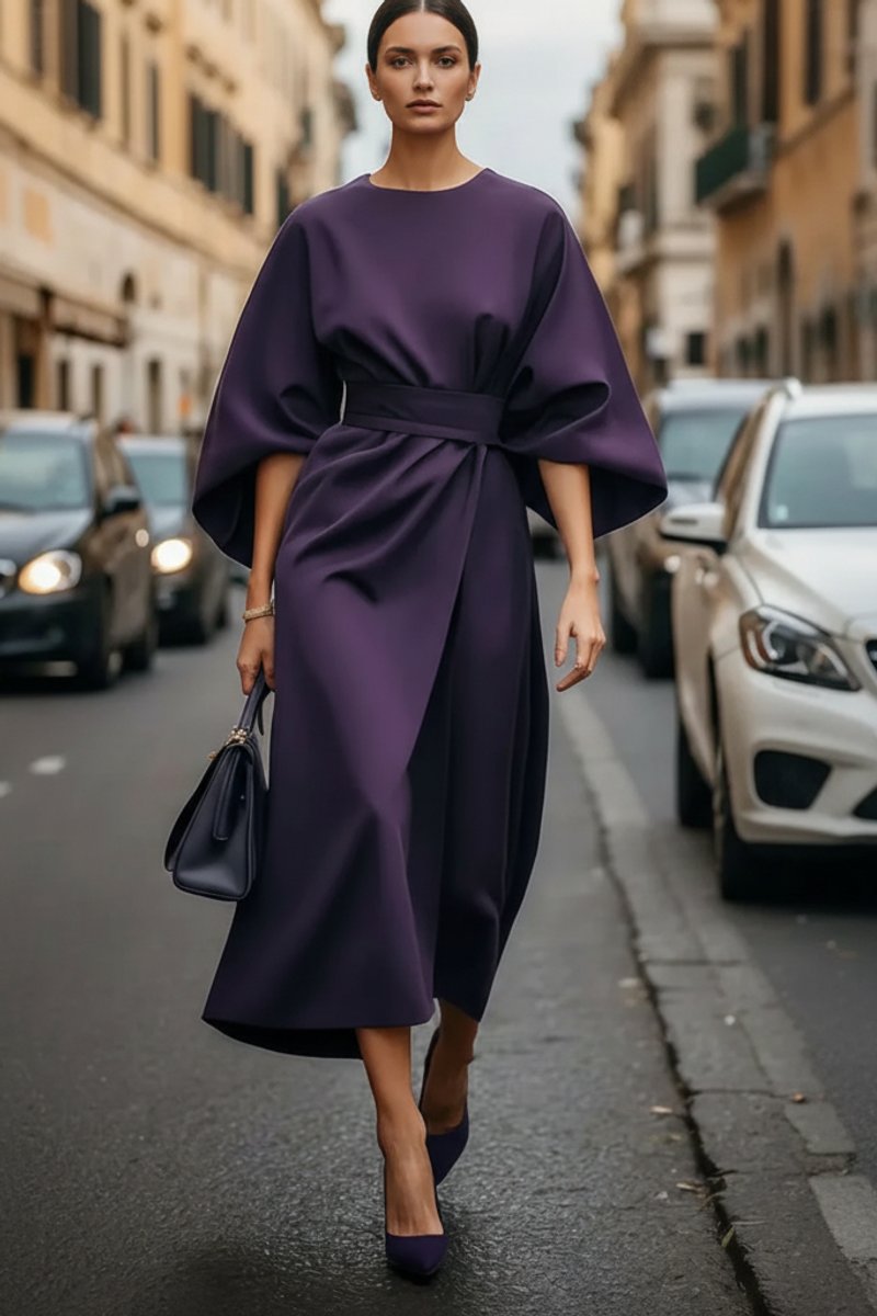 Evelyn | Women's Lantern-Sleeve Waist-Cinching Midi Cocktail Dress 2
