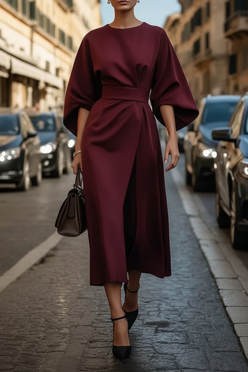 Evelyn | Women's Lantern-Sleeve Waist-Cinching Midi Cocktail Dress 7
