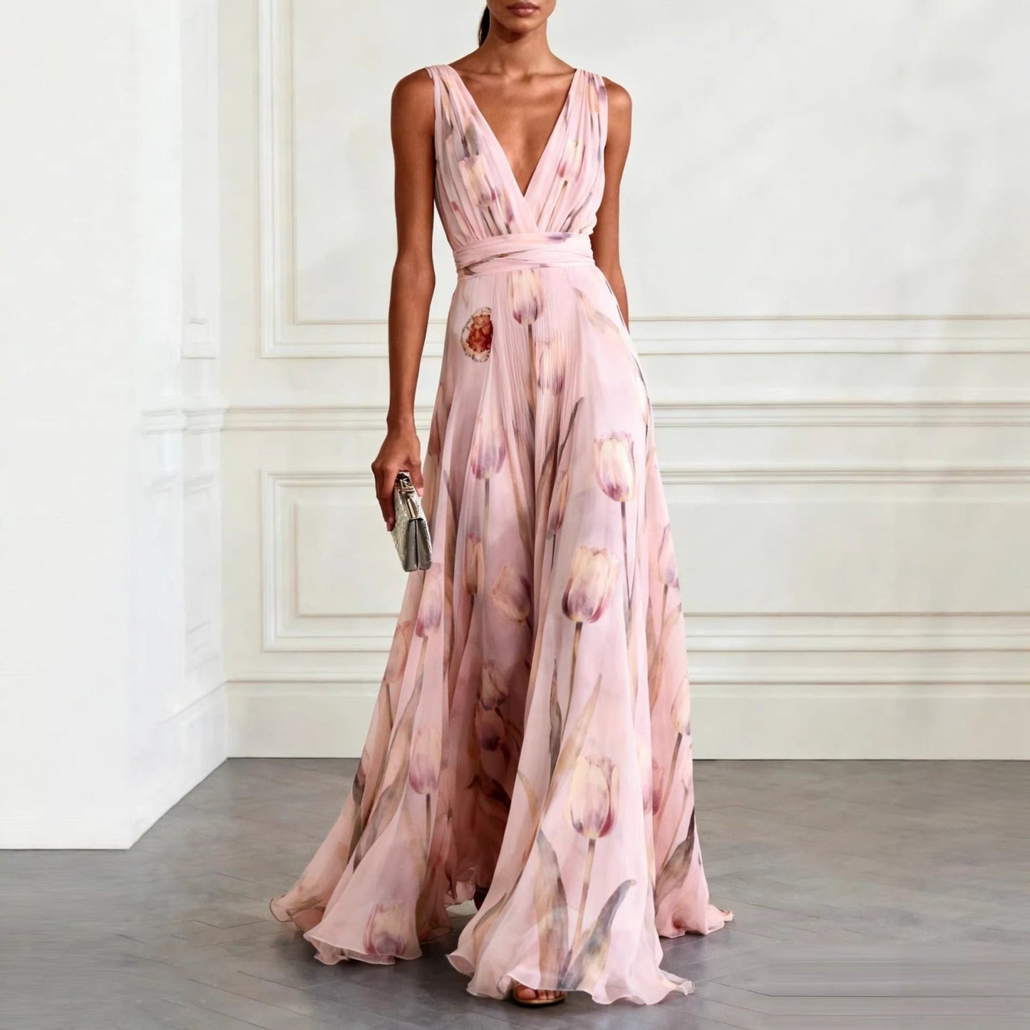 Women's Maxi Dress | Tulip Print Deep V-Neck Flowing Design