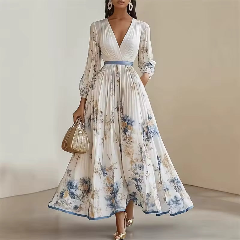 FLORAL PLEATED MAXI DRESS WITH V-NECK AND BALLOON SLEEVES 0