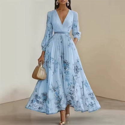 FLORAL PLEATED MAXI DRESS WITH V-NECK AND BALLOON SLEEVES 1