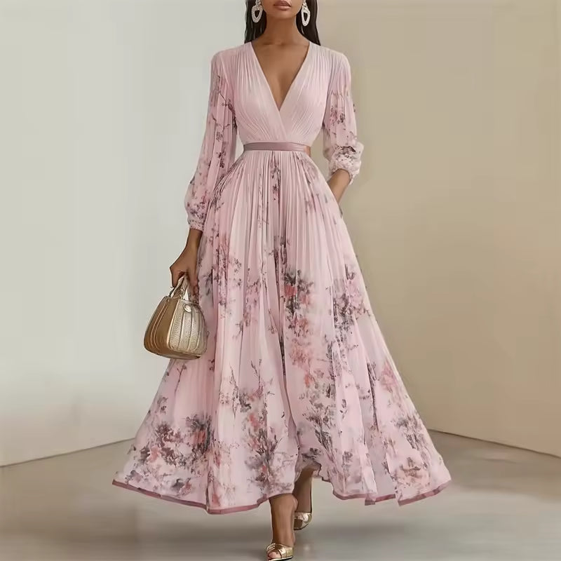 FLORAL PLEATED MAXI DRESS WITH V-NECK AND BALLOON SLEEVES 2