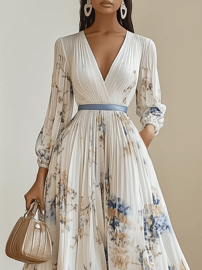 FLORAL PLEATED MAXI DRESS WITH V-NECK AND BALLOON SLEEVES 4