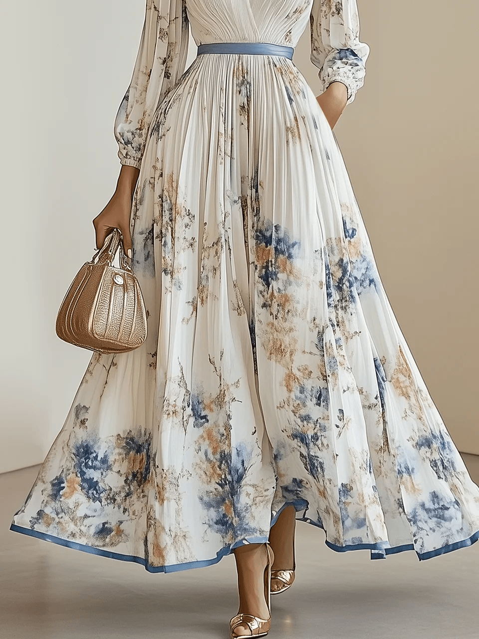FLORAL PLEATED MAXI DRESS WITH V-NECK AND BALLOON SLEEVES 5