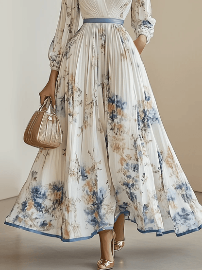 FLORAL PLEATED MAXI DRESS WITH V-NECK AND BALLOON SLEEVES 5