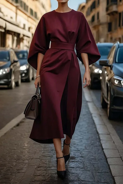 Women's Midi Dress | Waist-Defining Belt & Lantern Sleeves
